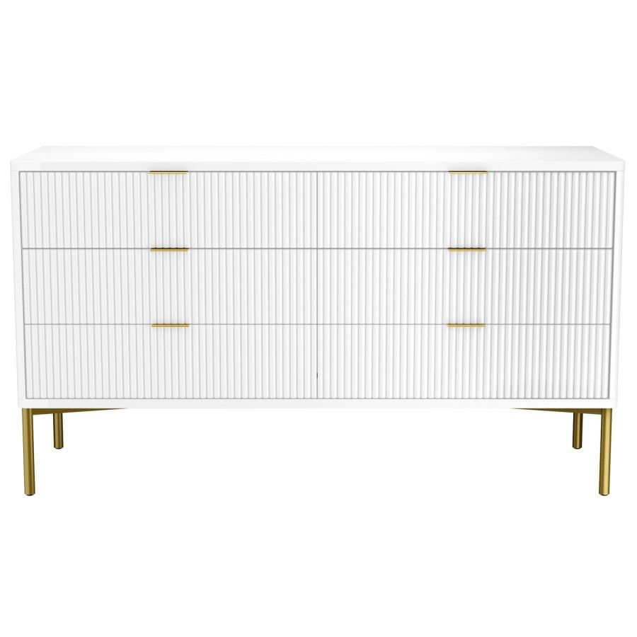 Wide White High Gloss 6 Drawer Chest of Drawers with Gold Legs - Valencia