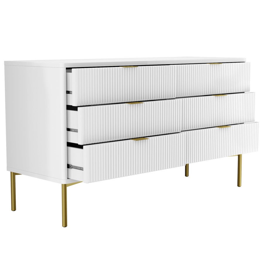 Wide White High Gloss 6 Drawer Chest of Drawers with Gold Legs - Valencia