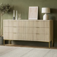 Wide Oak Ribbed 6 Drawer Chest of Drawers with Gold Legs - Valencia