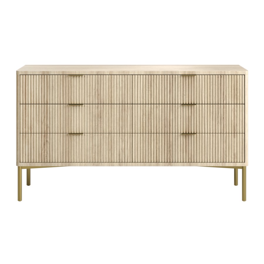 Wide Oak Ribbed 6 Drawer Chest of Drawers with Gold Legs - Valencia