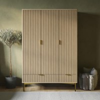 Oak and Gold Ribbed 3 Door Triple Wardrobe with 2 Drawers - Valencia