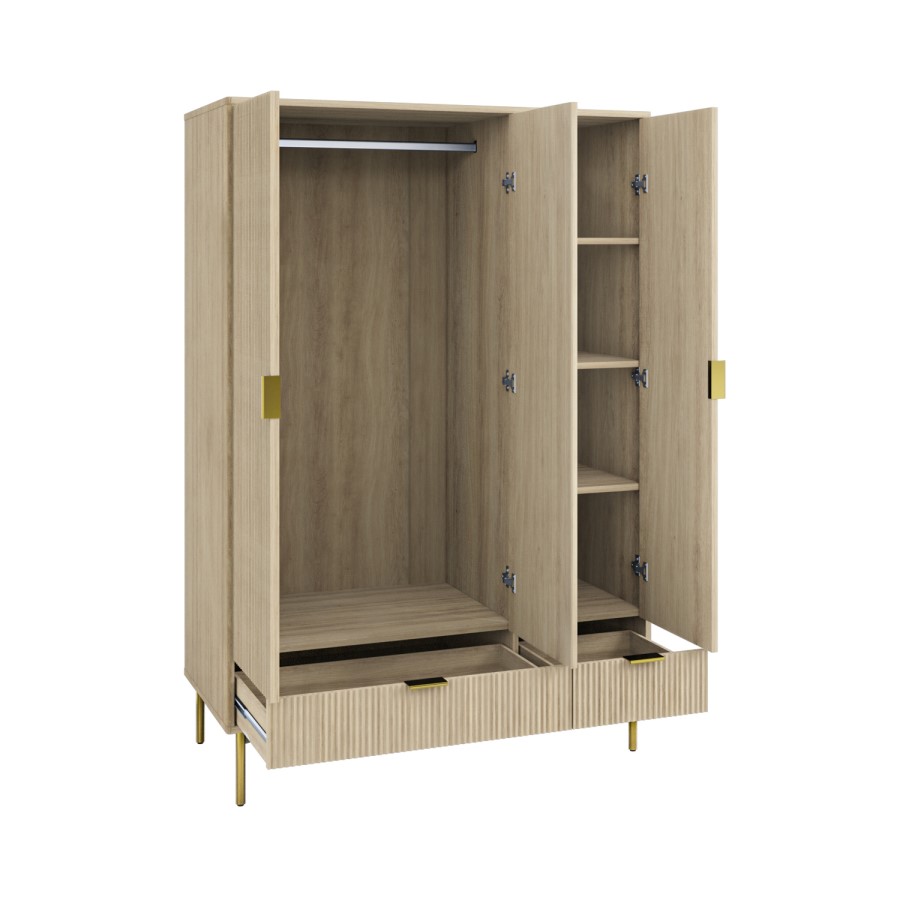 Oak and Gold Ribbed 3 Door Triple Wardrobe with 2 Drawers - Valencia