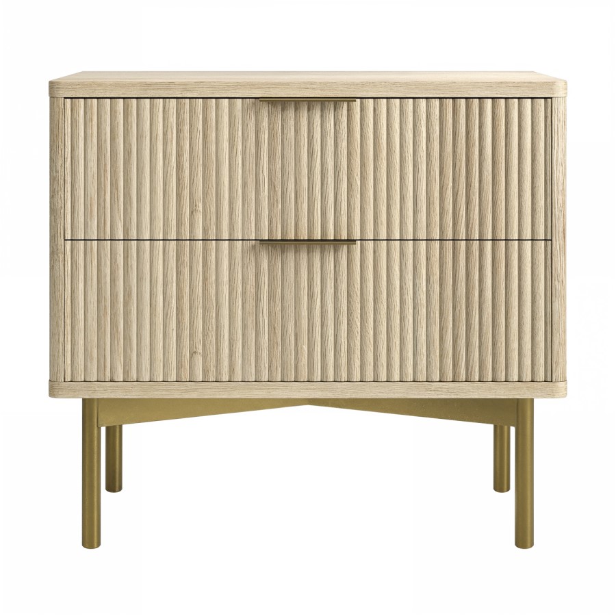 Wide Oak and Gold Ribbed 2 Drawer Bedside Table - Valencia