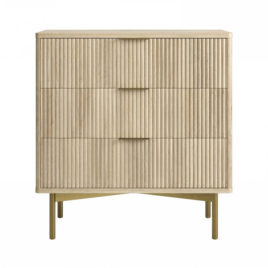 Oak and Gold Ribbed 3 Drawer Chest of Drawers - Valencia