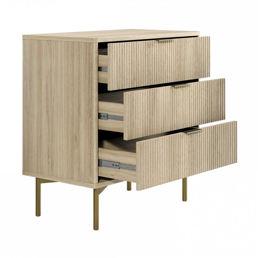 Oak and Gold Ribbed 3 Drawer Chest of Drawers - Valencia