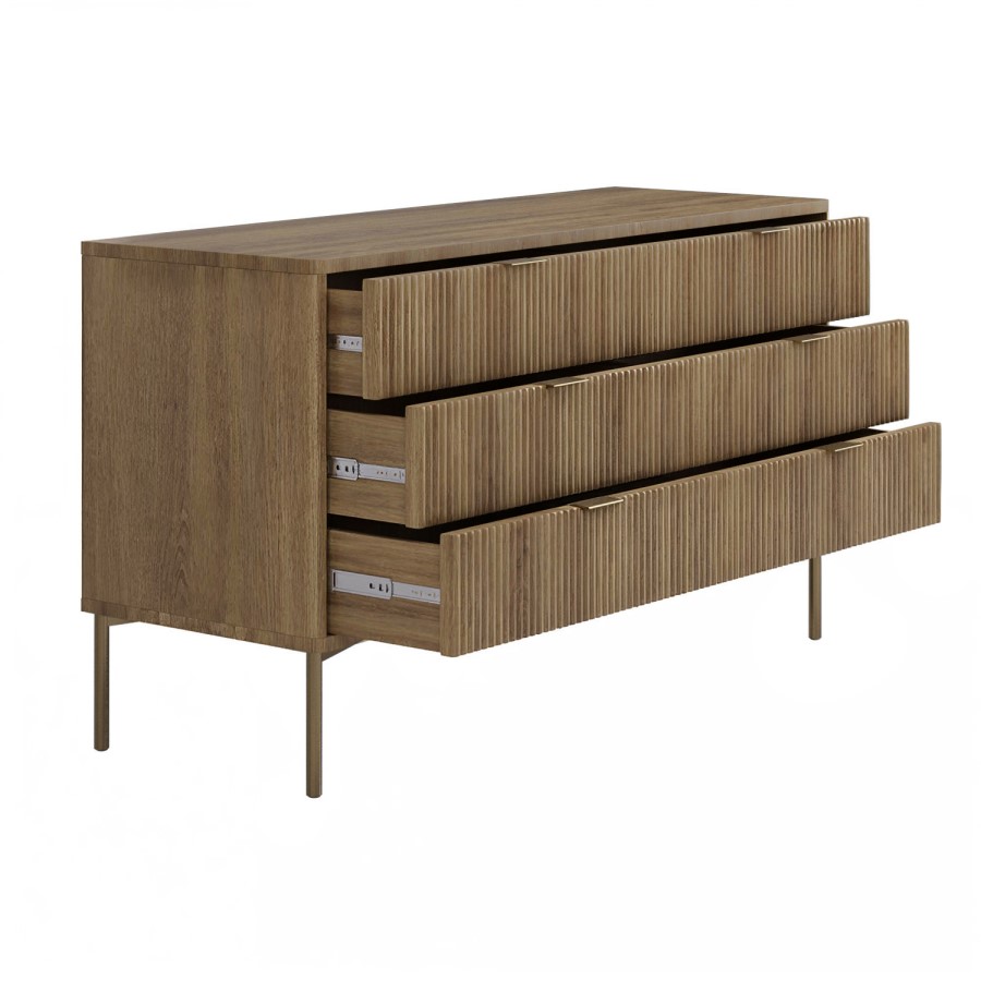 Wide Dark Wood Ribbed 6 Drawer Chest of Drawers with Bronze Legs - Valencia