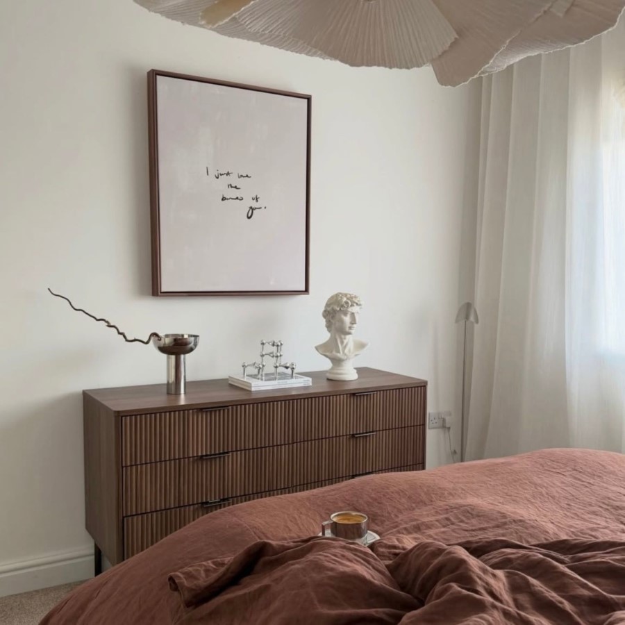 Wide Dark Wood Ribbed 6 Drawer Chest of Drawers with Bronze Legs - Valencia