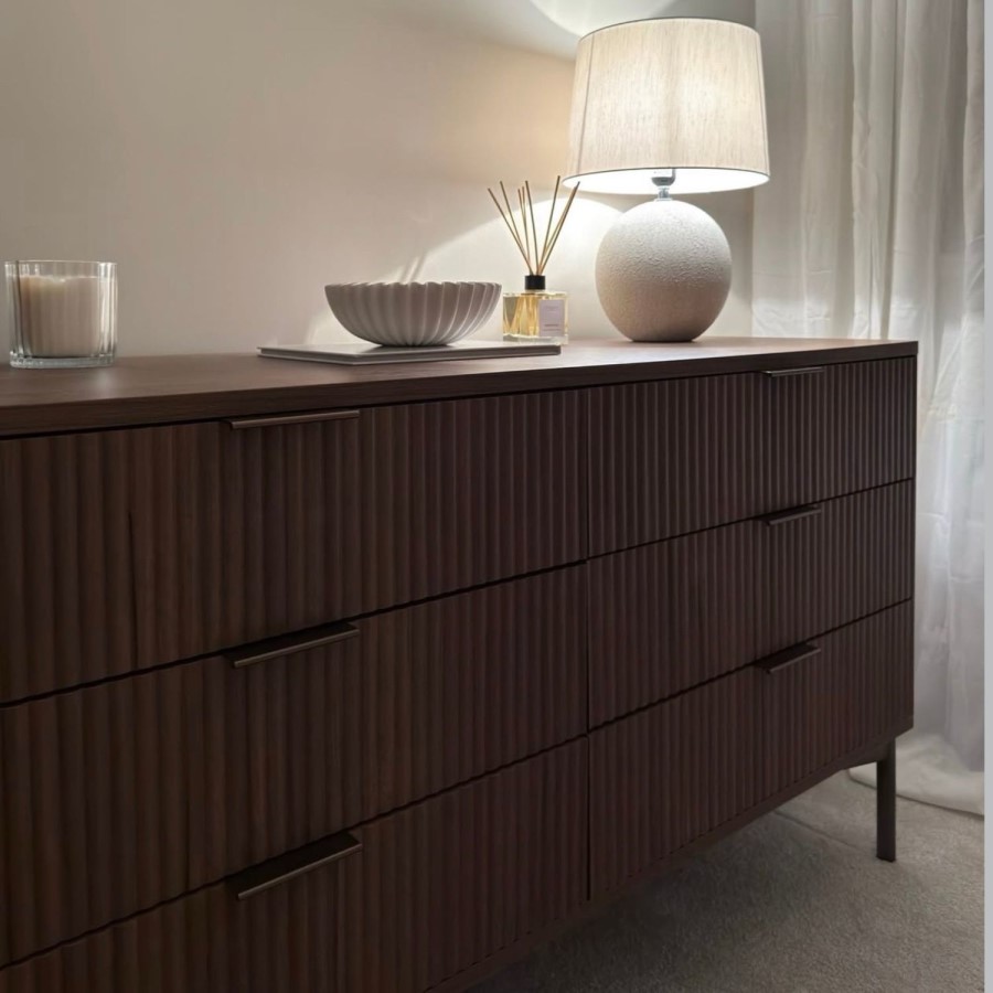 Wide Dark Wood Ribbed 6 Drawer Chest of Drawers with Bronze Legs - Valencia