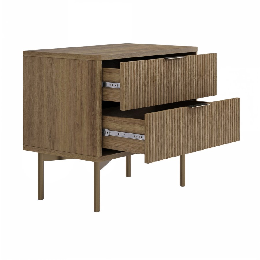 Wide Dark Wood and Bronze Ribbed 2 Drawer Bedside Table - Valencia