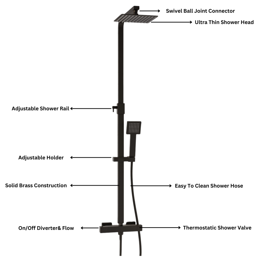 Black Thermostatic Bar Mixer Shower Set with Slide Rail Kit & Hand Shower - Zana