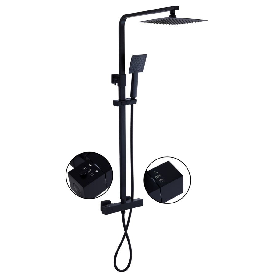 Black Thermostatic Bar Mixer Shower Set with Slide Rail Kit & Hand Shower - Zana
