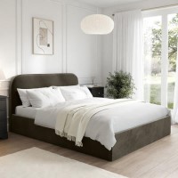Khaki Green Velvet Upholstered King Size Ottoman Bed with Curved Headboard - Zara