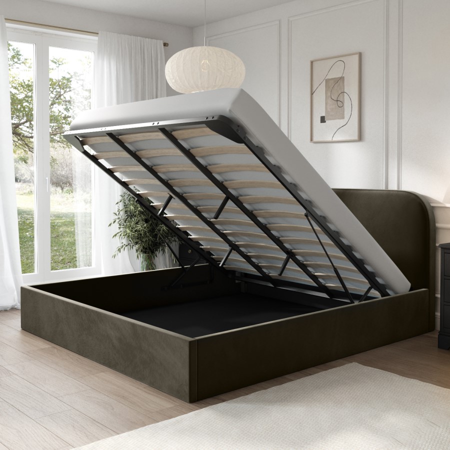 Khaki Green Velvet Upholstered Super King Ottoman Bed with Curved Headboard - Zara