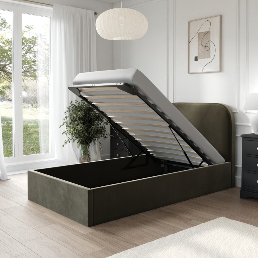 Khaki Green Velvet Upholstered Single Ottoman Bed with Curved Headboard - Zara