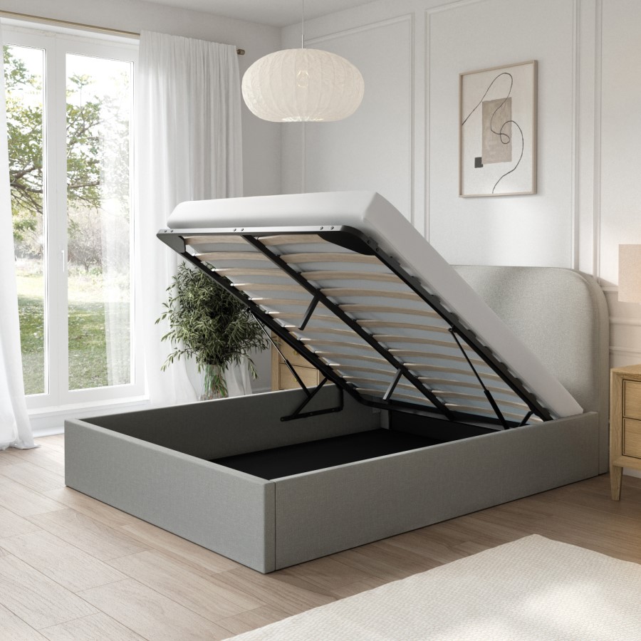 Grey Upholstered Double Ottoman Bed with Curved Headboard - Zara