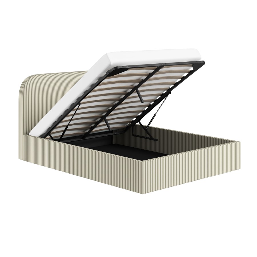 Cream and Green Striped Double Ottoman Bed With Curved Headboard - Zara