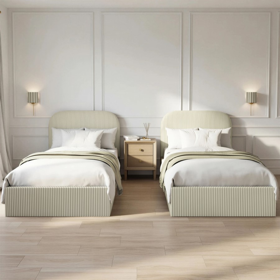 Cream and Green Striped Single Ottoman Bed With Curved Headboard - Zara