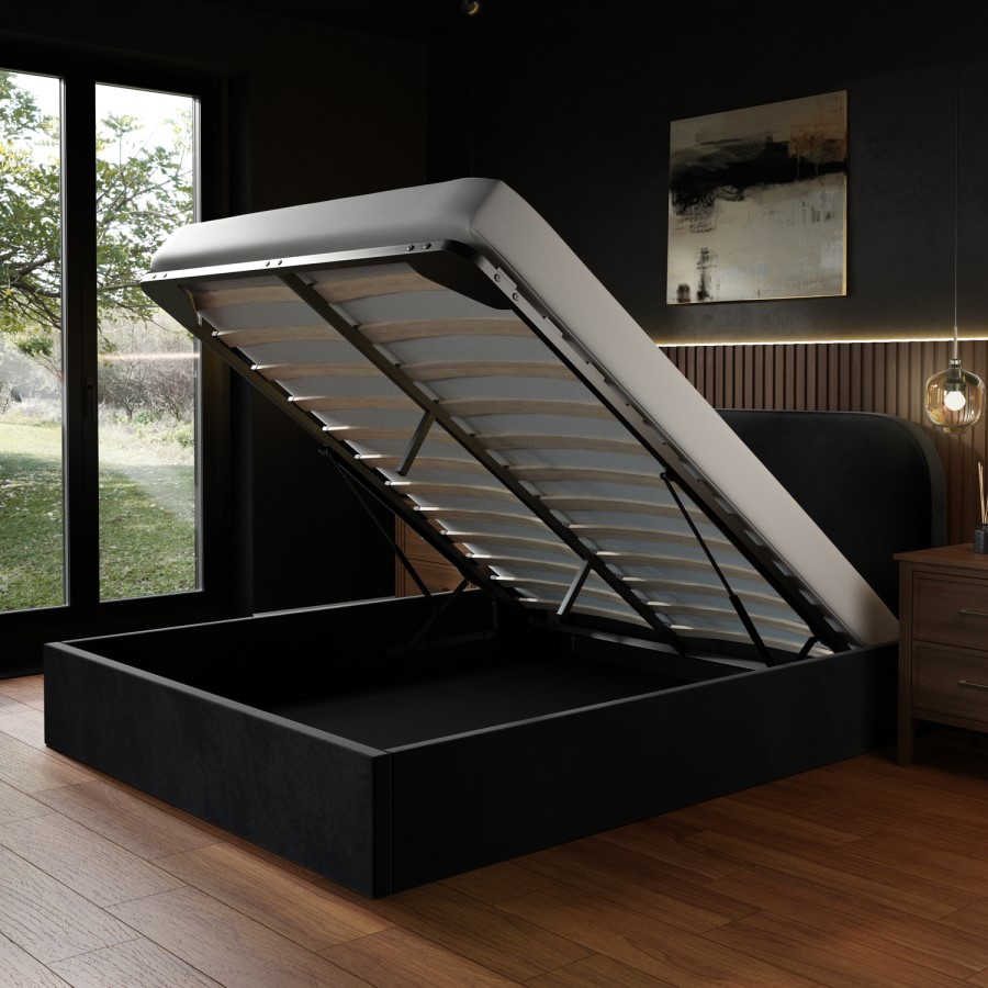 King Size Black Velvet Upholstered Ottoman Bed with Curved Headboard - Zara