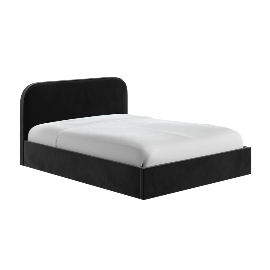 King Size Black Velvet Upholstered Ottoman Bed with Curved Headboard - Zara