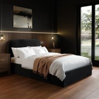 Black Velvet Upholstered Small Double Ottoman Bed with Curved Headboard - Zara