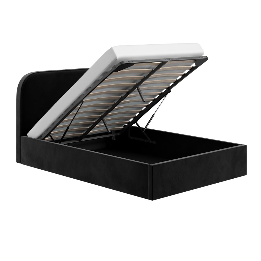 Black Velvet Upholstered Small Double Ottoman Bed with Curved Headboard - Zara