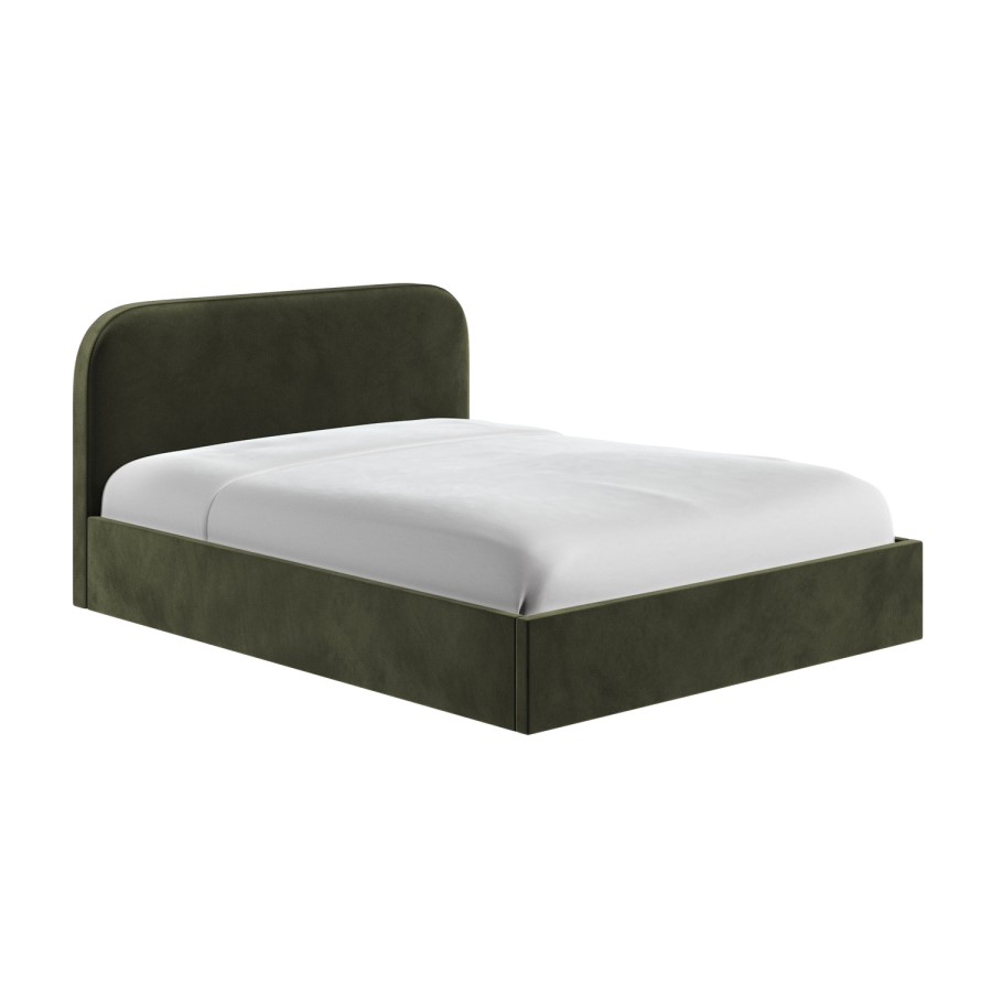 King Size Green Upholstered Ottoman Bed with Curved Headboard - Zara