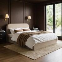 Beige Upholstered Double Ottoman Bed with Curved Headboard - Zara