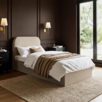 Beige Upholstered Single Ottoman Bed with Curved Headboard - Zara