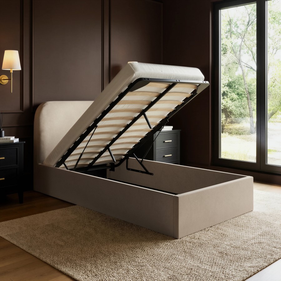 Beige Upholstered Single Ottoman Bed with Curved Headboard - Zara
