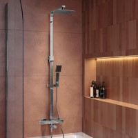 Chrome Square Thermostatic Bar Bath Mixer Shower Set with Bath Filler Spout Slide Rail Kit & Hand Shower - Zana