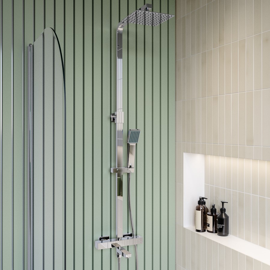Chrome Square Thermostatic Bar Bath Mixer Shower Set with Bath Filler Spout Slide Rail Kit & Hand Shower - Zana