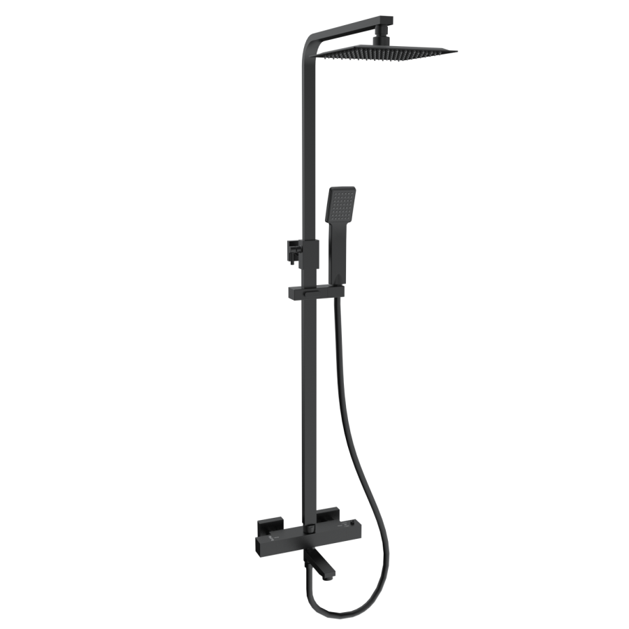 Black Square Thermostatic Bar Bath Mixer Shower Set with Bath Filler Spout Slide Rail Kit & Hand Shower - Zana