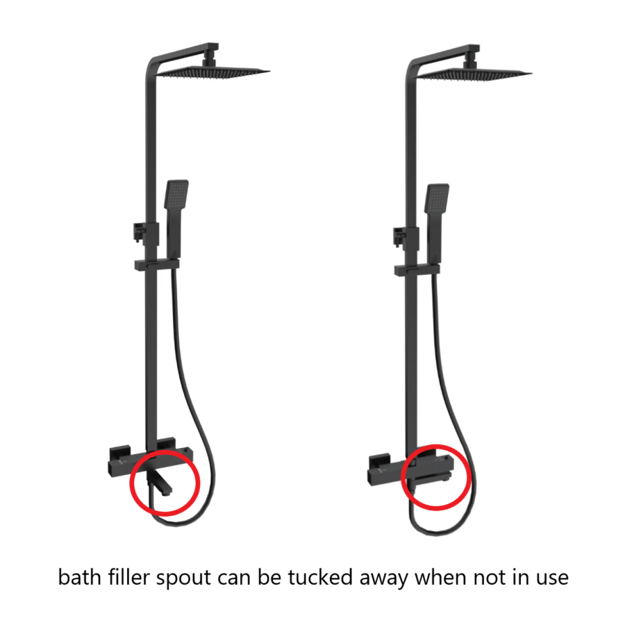Black Square Thermostatic Bar Bath Mixer Shower Set with Bath Filler Spout Slide Rail Kit & Hand Shower - Zana
