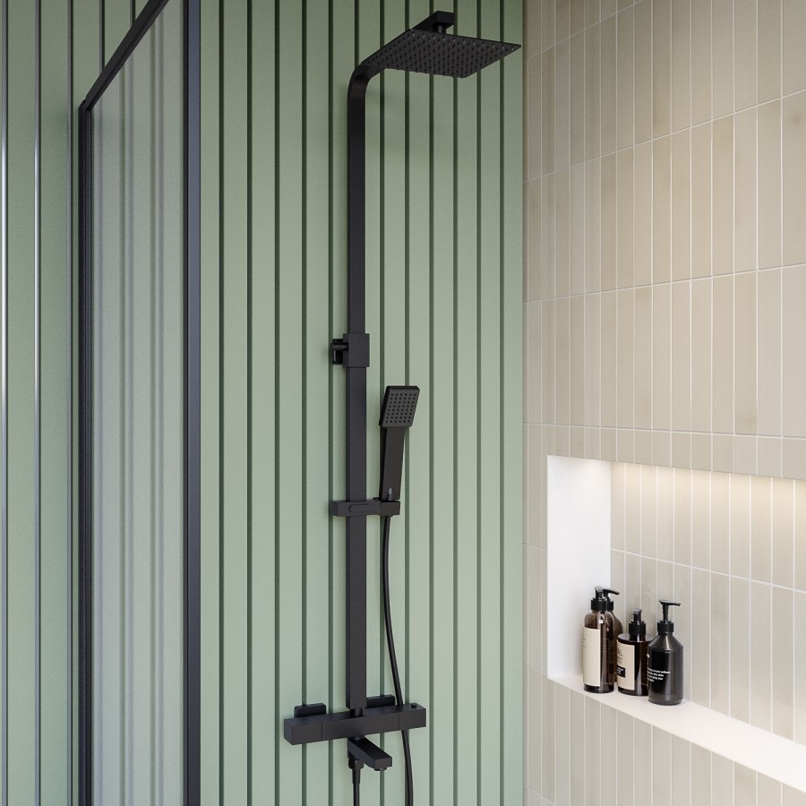 Black Square Thermostatic Bar Bath Mixer Shower Set with Bath Filler Spout Slide Rail Kit & Hand Shower - Zana