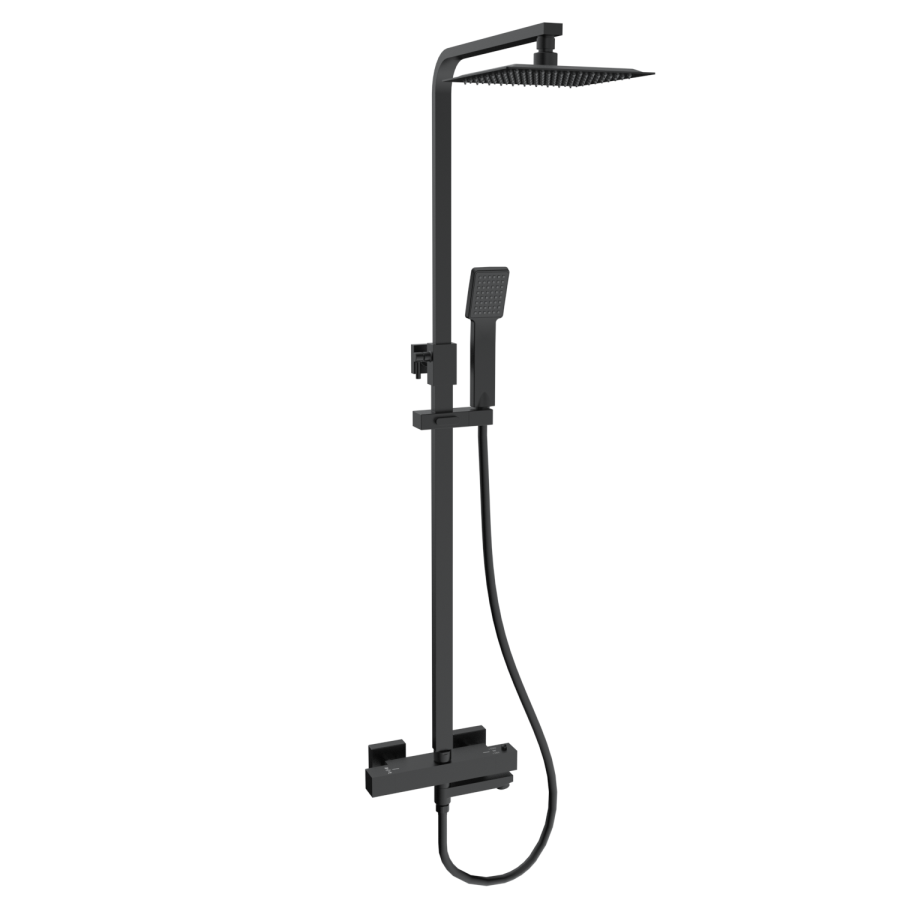 Black Square Thermostatic Bar Bath Mixer Shower Set with Bath Filler Spout Slide Rail Kit & Hand Shower - Zana