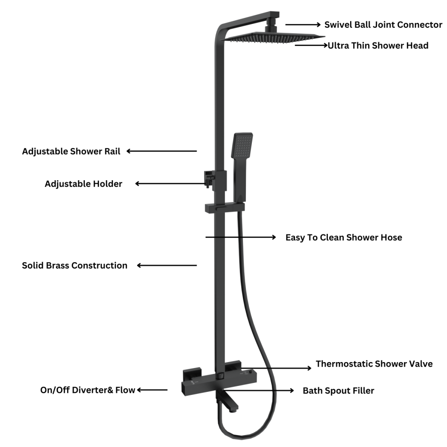 Black Square Thermostatic Bar Bath Mixer Shower Set with Bath Filler Spout Slide Rail Kit & Hand Shower - Zana