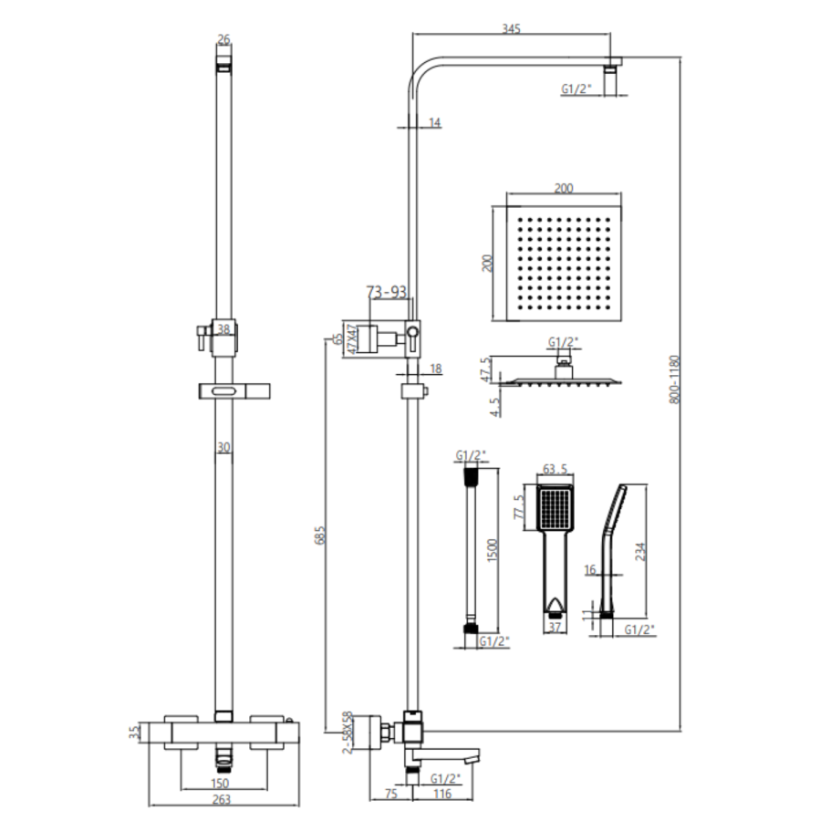 Black Square Thermostatic Bar Bath Mixer Shower Set with Bath Filler Spout Slide Rail Kit & Hand Shower - Zana