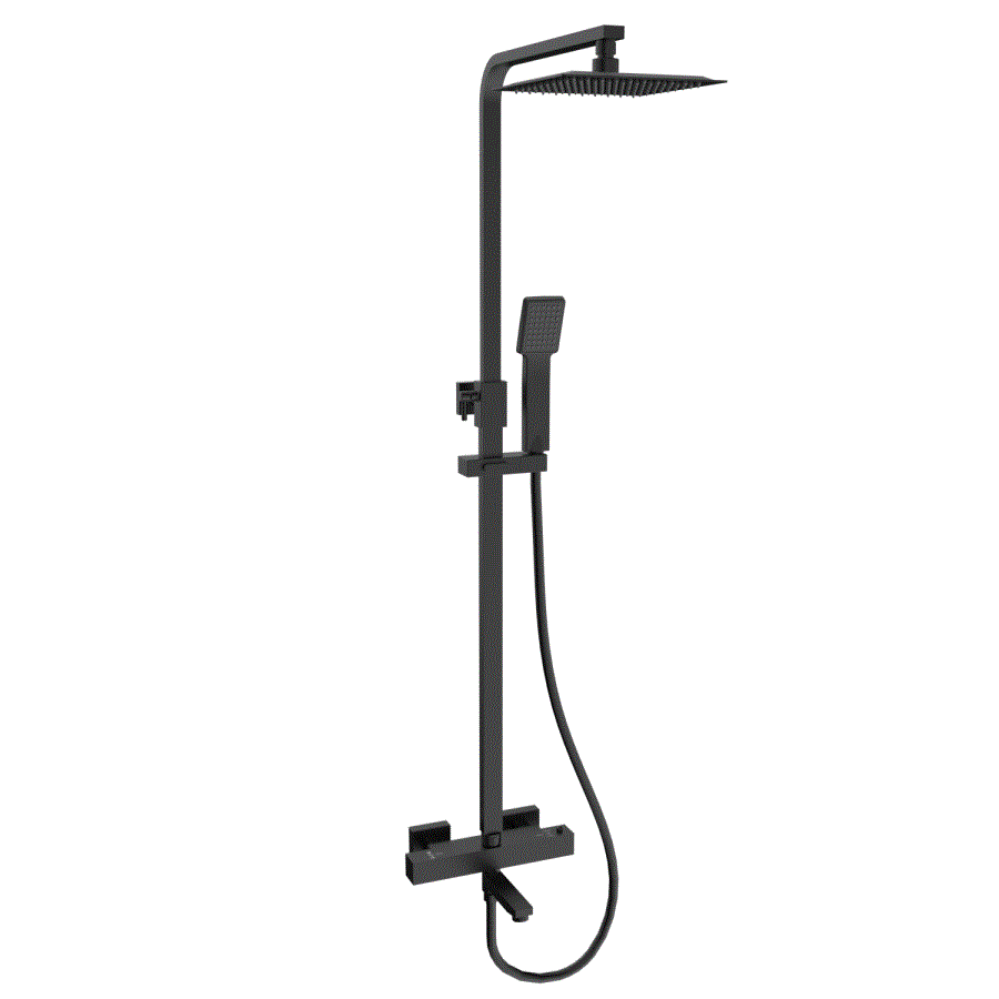 Black Square Thermostatic Bar Bath Mixer Shower Set with Bath Filler Spout Slide Rail Kit & Hand Shower - Zana