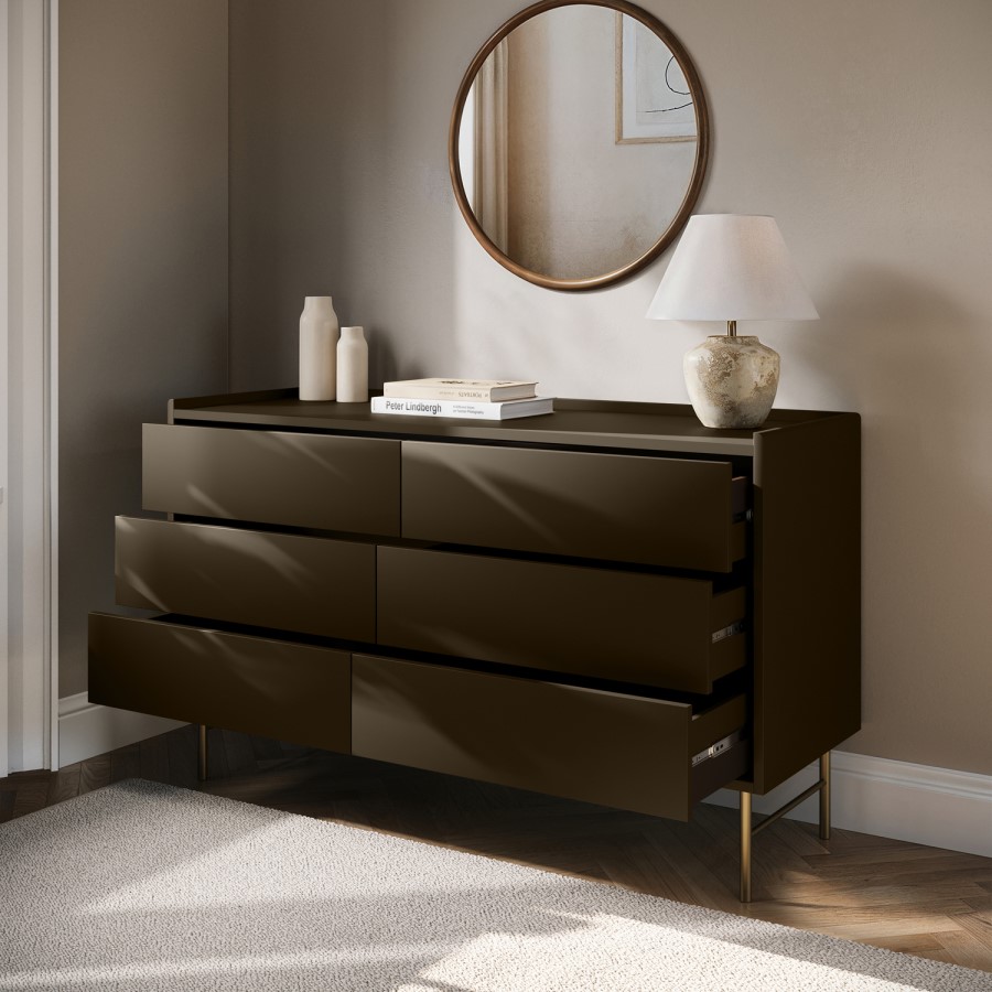 Wide Khaki Green Modern 6 Drawer Chest of Drawers - Zane